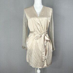 Flora Nikrooz Womens Sleepwear Extra Small Champagne Showstopper Robe Satin Mesh